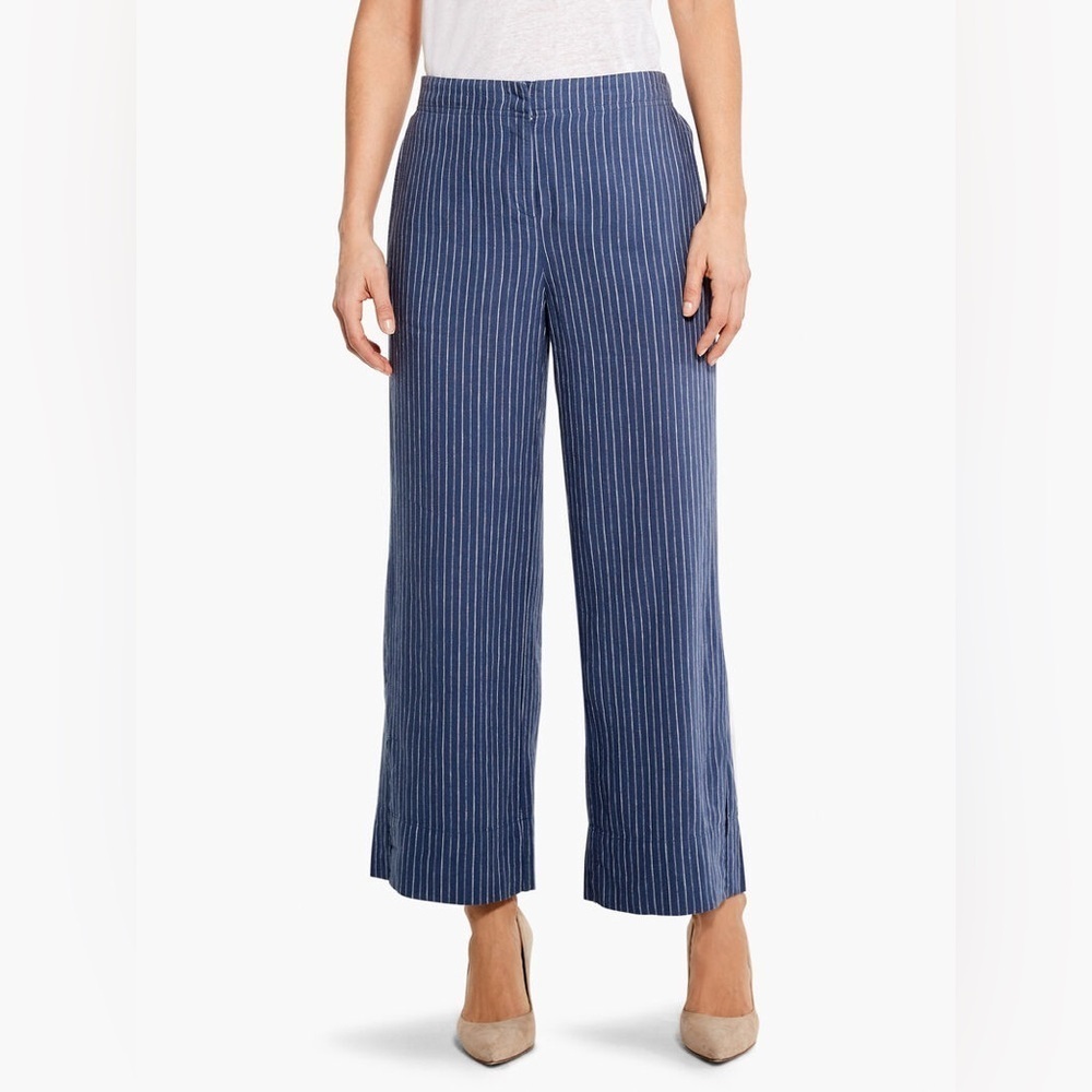 Nic + Zoe CENTRAL PARK WIDE-LEG ANKLE PANT Linen Striped Size 2 Blue